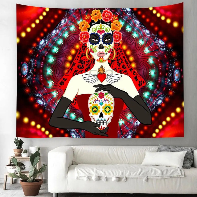 Axyaa Day of the Dead Skull Tapestry: Boho Room Decor Wall Hanging