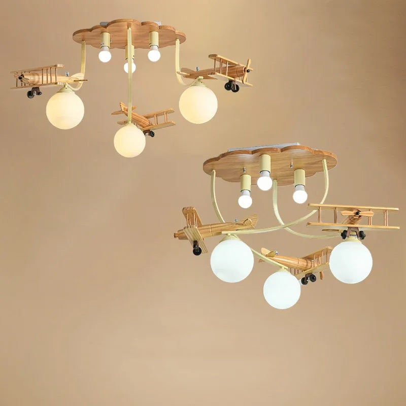 Wooden Airplane Chandelier Light for Children's Bedroom by Axyaa