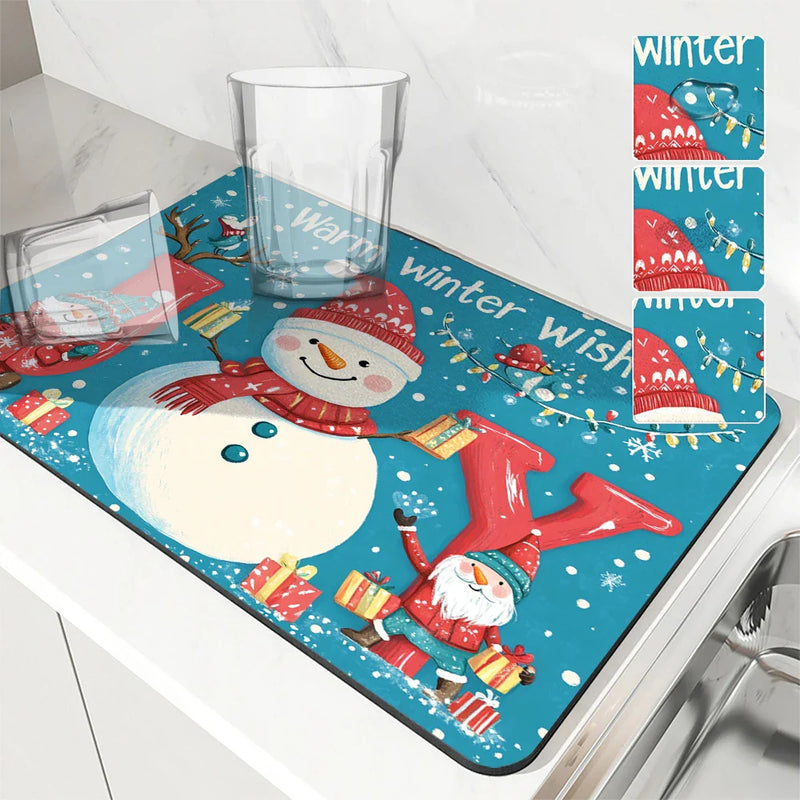 Axyaa Christmas Snowman Dwarf Deer Drying Mat - Festive Kitchen Table Decor