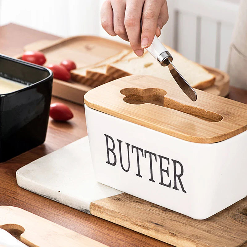 Axyaa Ceramic Butter Box with Knife - Rectangular Sealed Cheese Container
