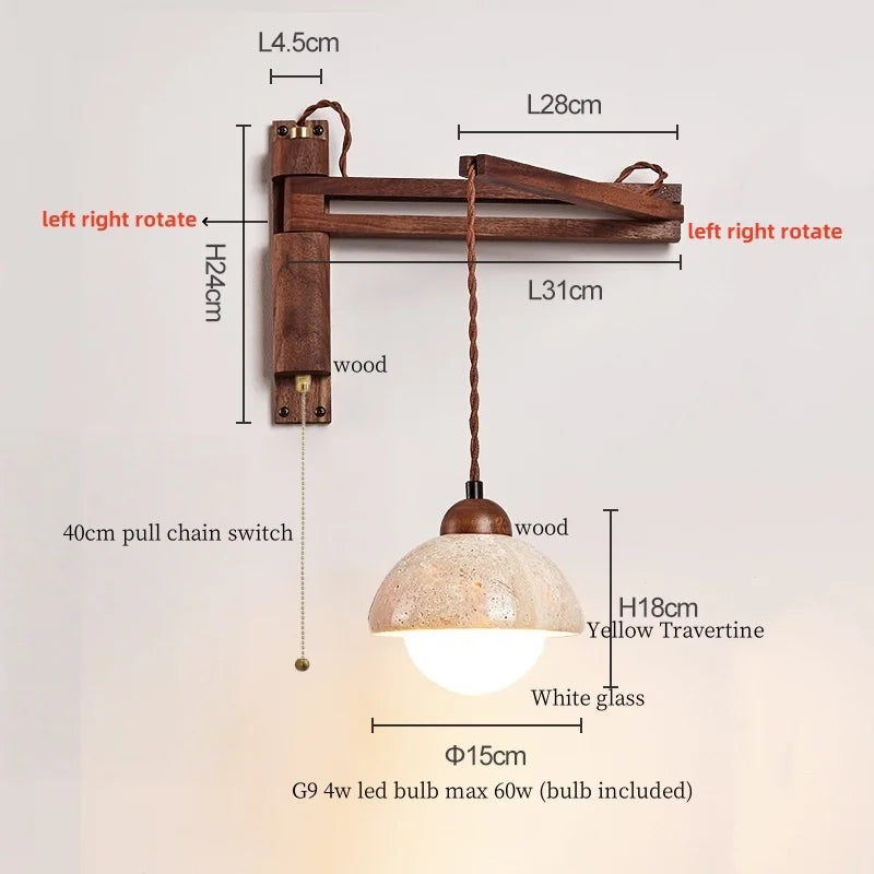 Axyaa Wood Stone LED Wall Lamp with Pull Switch, Stretching and Folding for Home Lighting