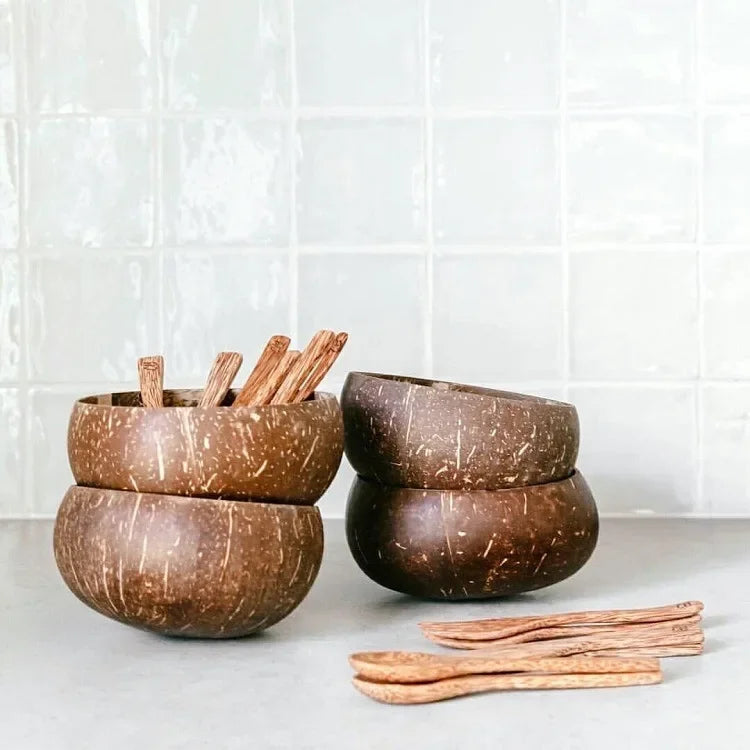 Axya Coconut Bowl Set with Wooden Spoon - Natural Kitchen Tableware