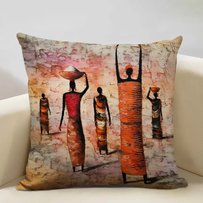 Axyaa African Oil Painting Art Pillow Case 45x45cm Linen Cushion Cover