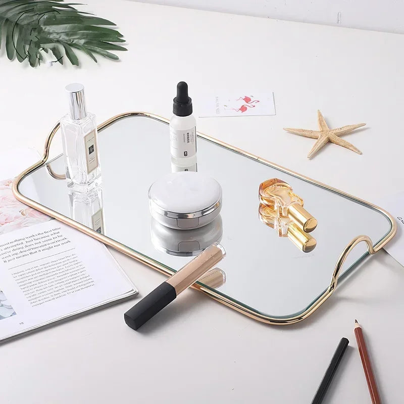 Axya Golden Handle Metal Mirror Storage Tray for Jewelry, Cosmetics, Home & Kitchen