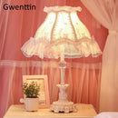 Axyaa Nordic Pink Lace Fabric LED Table Lamp for Bedroom Princess Decor