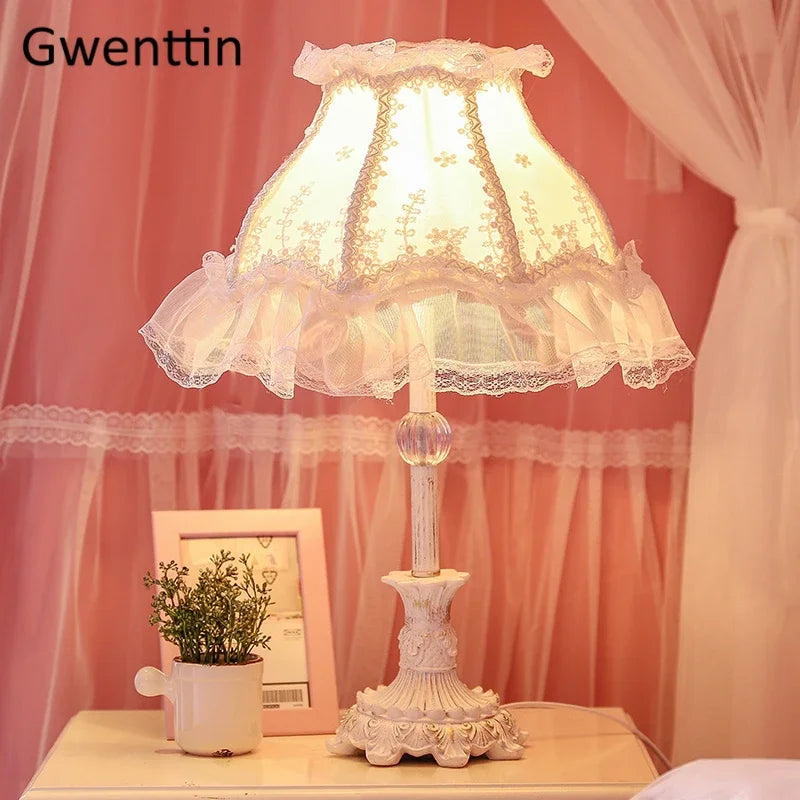 Axyaa Nordic Pink Lace Fabric LED Table Lamp for Bedroom Princess Decor
