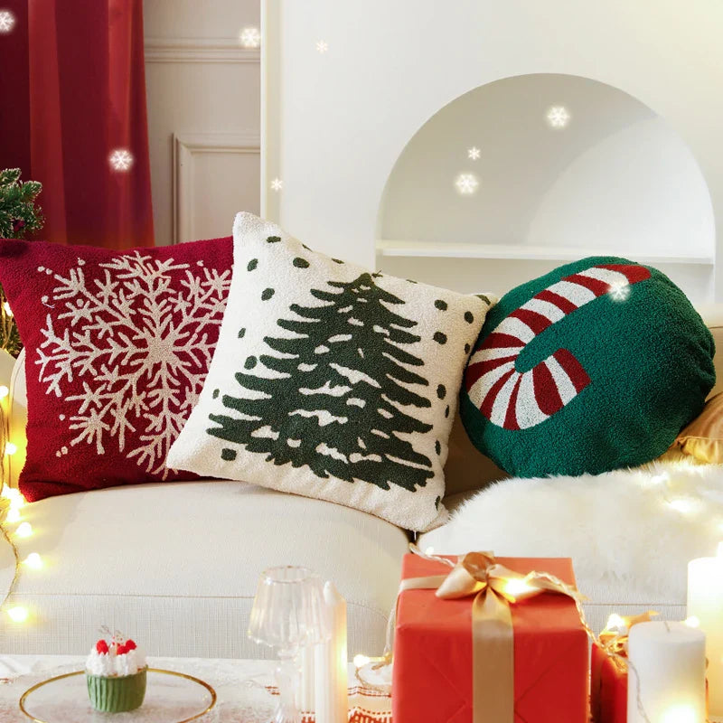 Axyaa Christmas Tree Snowflake Cushion Cover in Green and Red, Embroidered 45x45cm Square Pillowcase
