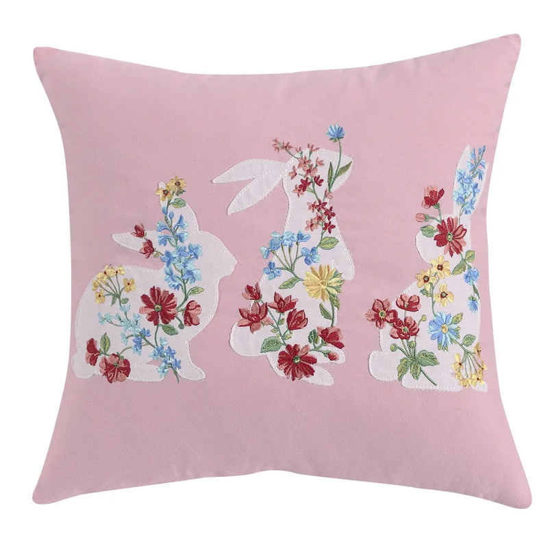 Axyaa Pink Floral White Floral Bunny Embroidered Cushion Cover