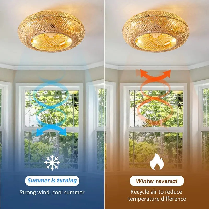 Axyaa Bamboo Ceiling Fan Light Control Rattan Cage Flush Mount with LED for Home