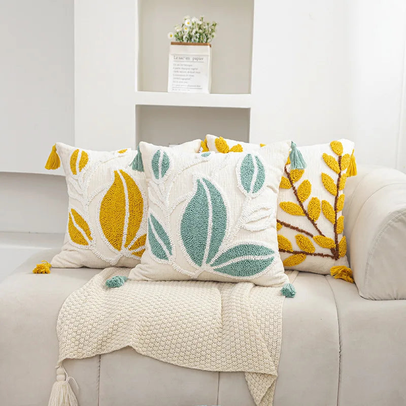 Axyaa Plant Tassels Tufted Leaves Cushion Cover 45x45cm