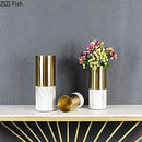 Axyaa Imitation Marble Gold Metal Vase & Artificial Flowers Decor - Desk Decoration Craft