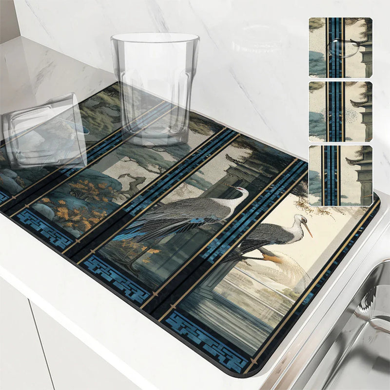 Axyaa Kitchen Drying Mat with Crane Plant Design and Absorbent Quick Dry Technology