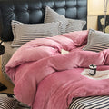 Axyaa Flannel Plush Bedding Set: Duvet Cover, Stripe Sheet, Pillowcase - Winter Home Bedlinen