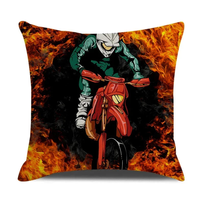Retro Motorcycle Girls Linen Pillow Cover by Axyaa