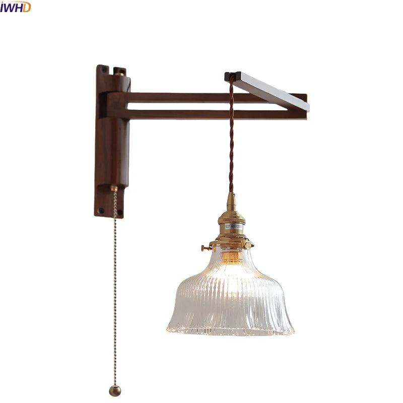 Axyaa Clear Glass LED Wall Sconce with Arm, Black Walnut Wood Stair Light