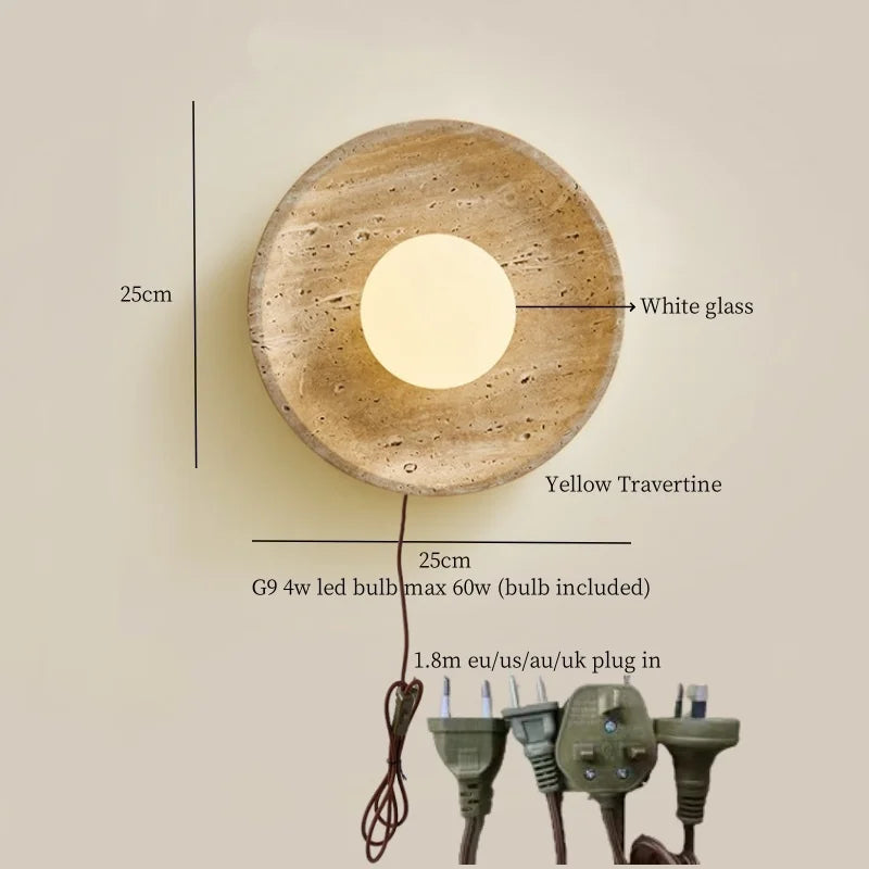 Axyaa Wabi Sabi LED Wall Lamps Wood Yellow Travertine Pull Chain Switch Rotate Bedroom Living Room Lights