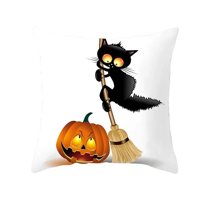 Axyaa Black Cat Pumpkin Cushion Cover 45x45 cm - Home Decor Funny Printed Pillow Case