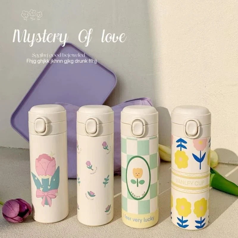 Axyaa Cartoon Tulip Thermos Cup with Straw, Leak-Proof Travel Water Bottle