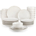Axyaa Stoneware Dinner Set: 16/32 Piece White Embossed Plates, Bowls in Lydia Design