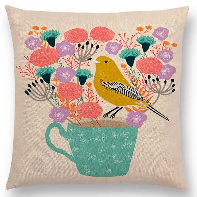 Axyaa Bird-Floral Teacup & Lepidoptera Cushion Cover for Decor & Sofa