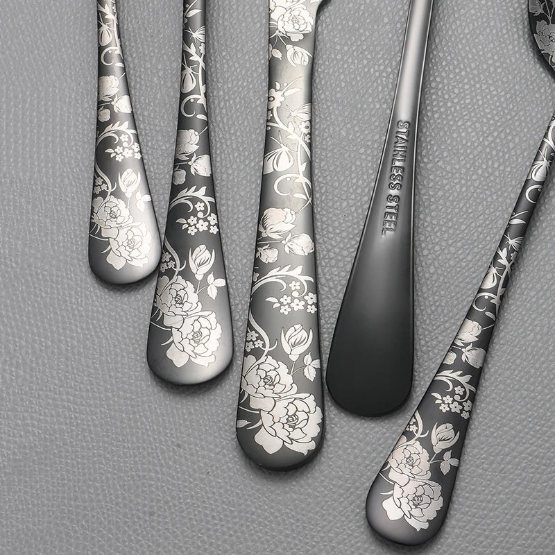 Axyaa 5pcs/20pcs Printed Stainless Steel Tableware Knife Fork Spoon Hotel Steak Set