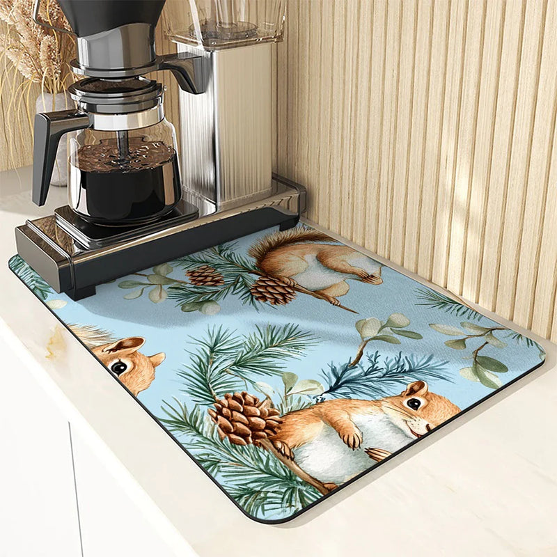 Axyaa Christmas Squirrel Kitchen Dish Mat - Absorbent Anti-slip Drying Pad