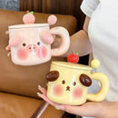 Axyaa Kawaii Big Ears Ceramic Mug with Lid, Spoon | Cartoon Cute Girl Coffee Cup