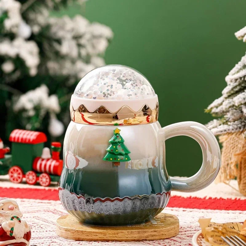 Axyaa Ceramic Christmas Mug with Lid - Santa Claus Design - 500ml