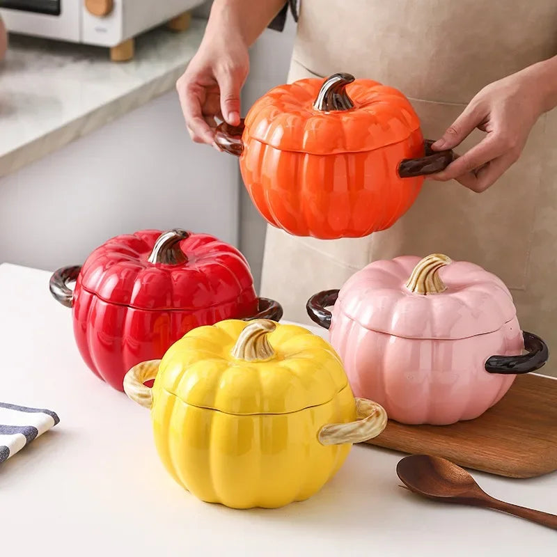 Axya Ceramic Pumpkin Soup Pot with Lid and Binaural Handle
