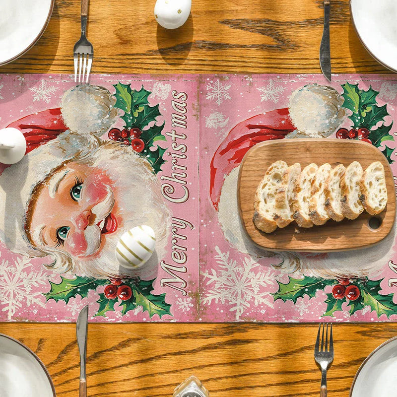 Pink Santa Claus Holly Berry Table Runner by Axyaa for Dining Room Style