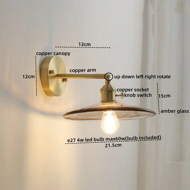 Axyaa Glass Copper LED Wall Lamp with Knob Switch for Modern Home Decor