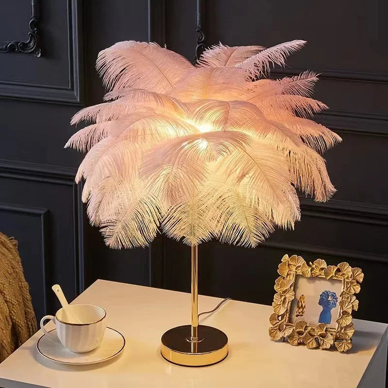Axyaa Nordic Feather Table Lamp White Pink Ostrich Romantic Bedside Wedding Home Decor