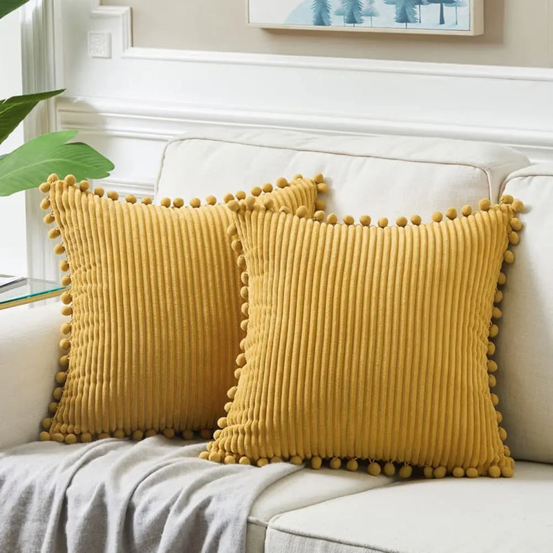 Axyaa Velvet Pillow Covers with Pom-poms - Orange Fall Decor for Sofa