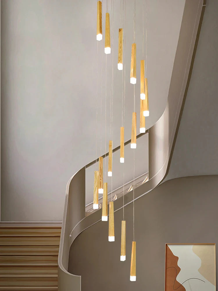 Axyaa Nordic Loft Rotating Wooden Chandelier - LED Staircase Pendant Light