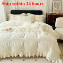 Axyaa Korean Princess Lace Ruffles Wedding Bedding Set with Washed Cotton Soft Duvet Cover