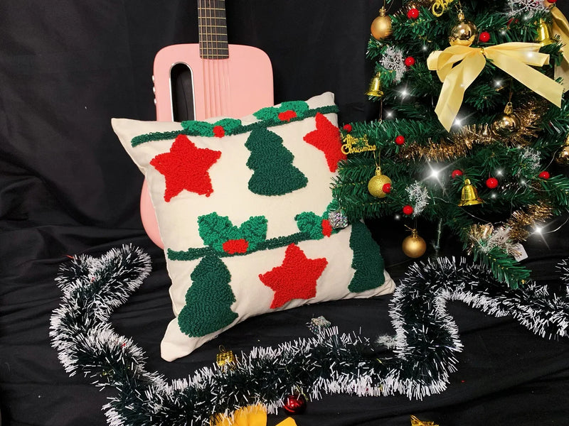 Axyaa Christmas Tree Circle Velvet Embroidery Linen Pillow Cover