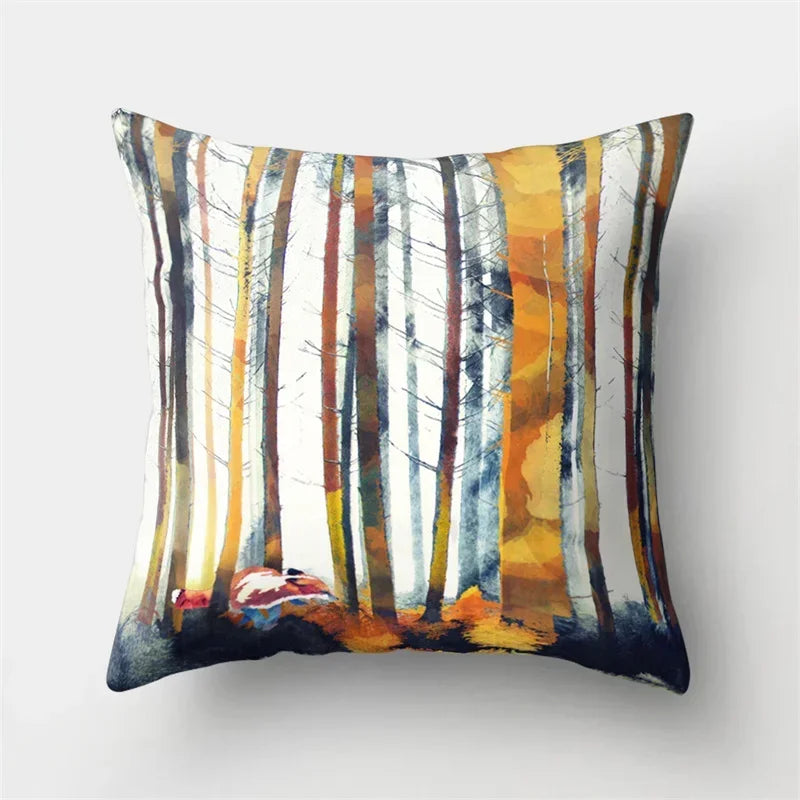Fox and Bird Polyester Pillowcase by Axyaa: Cartoon Landscape Cushion Cover for Sofa