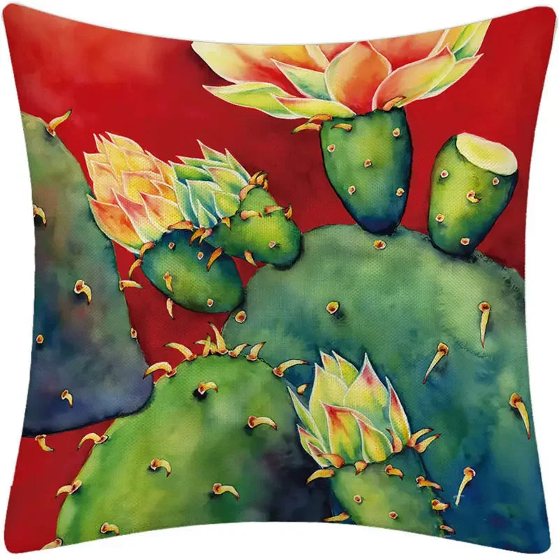 Luxurious Axyaa Succulent Cactus Flower Printed Linen Throw Pillow Case