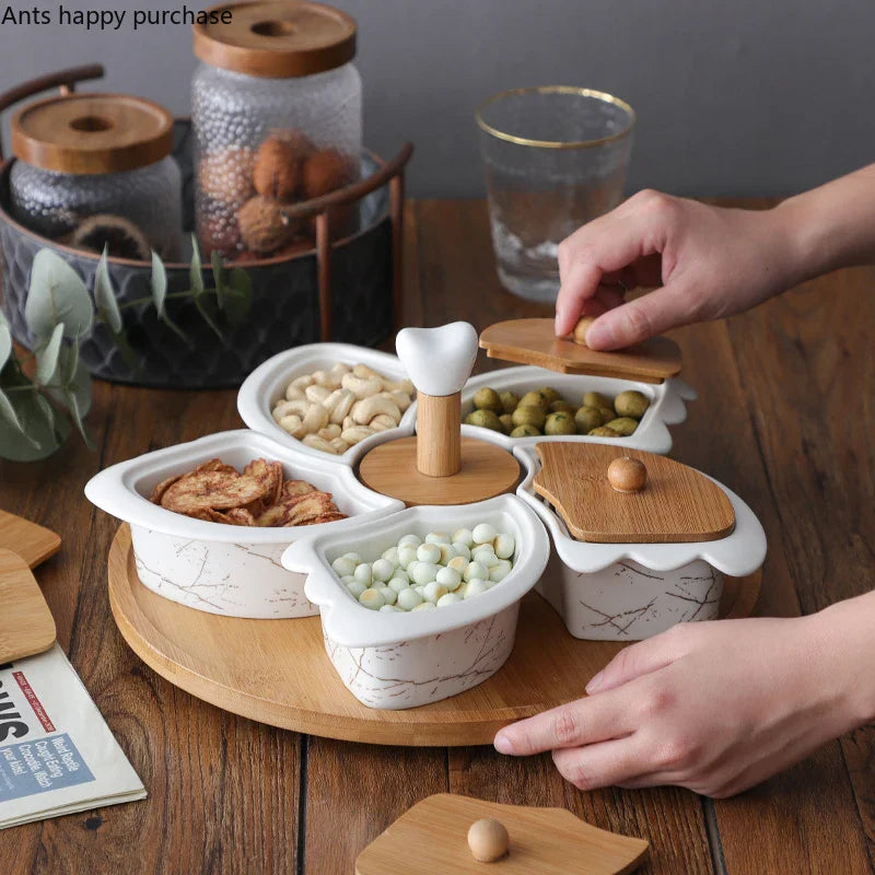 Axya Rotating 5-Grid Ceramic Snack Platter with Wooden Lid - Decorative Tableware