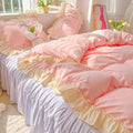 Axyaa Princess Korean Style Bedding Set, Solid Color Double Bedspread & Ruffled Duvet Cover
