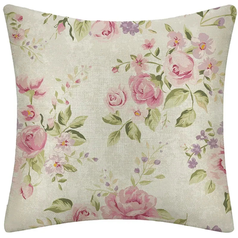 Axyaa Rose Flower Pattern Pillowcase Decorative Cotton Linen Cushion Cover