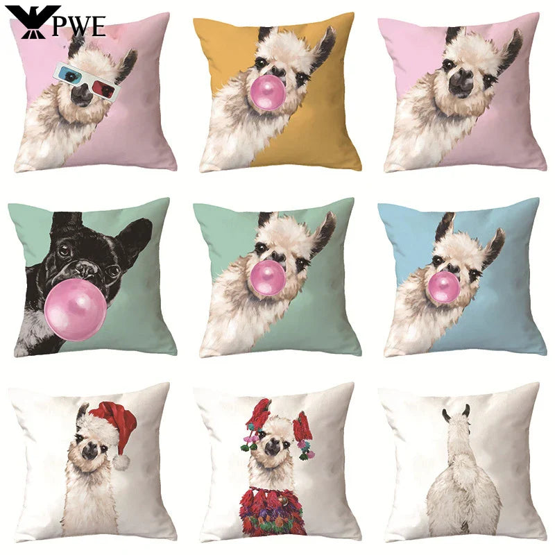 Axyaa Alpaca and Cactus Pattern Pillowcase for Home Sofa Decoration