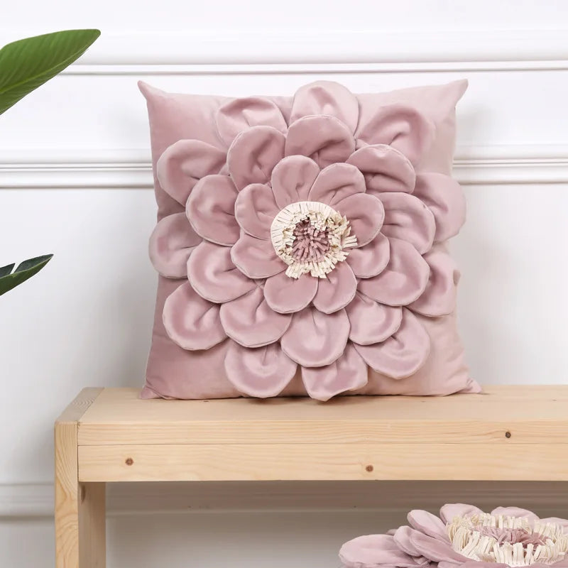 Axyaa Velvet Flower Cushion Cover in Yellow Blue White Pink, Handmade Luxury Pillowcase