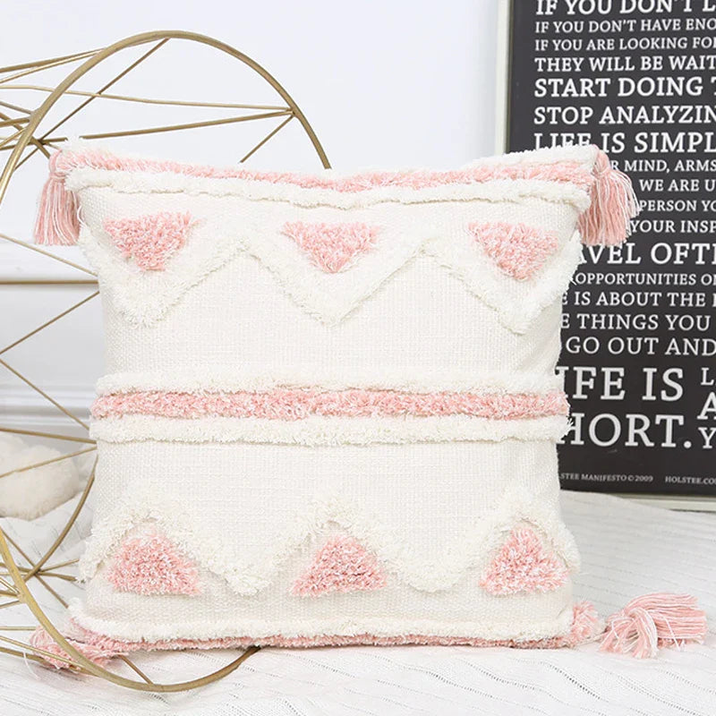 Bohemian Pink Geometric Tassel Throw Pillow Cover for Living Room Sofa by Axyaa