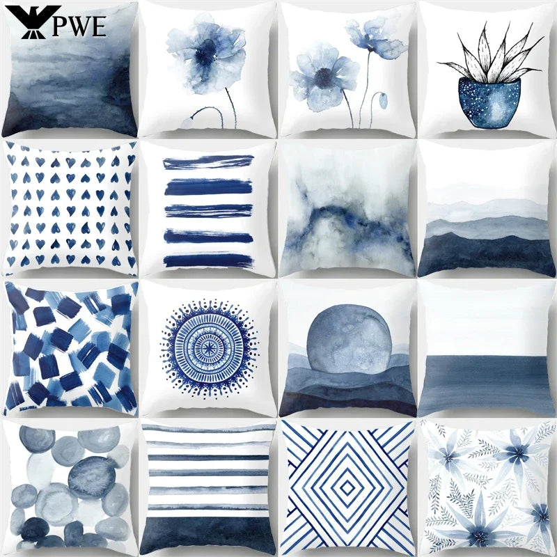 Geometric Blue Ink Flower Pillowcase for Stylish Home Decor by Axyaa