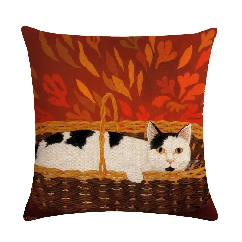 Axyaa Retro Cat Linen Pillowcase 45*45cm - Home & Sofa Decoration