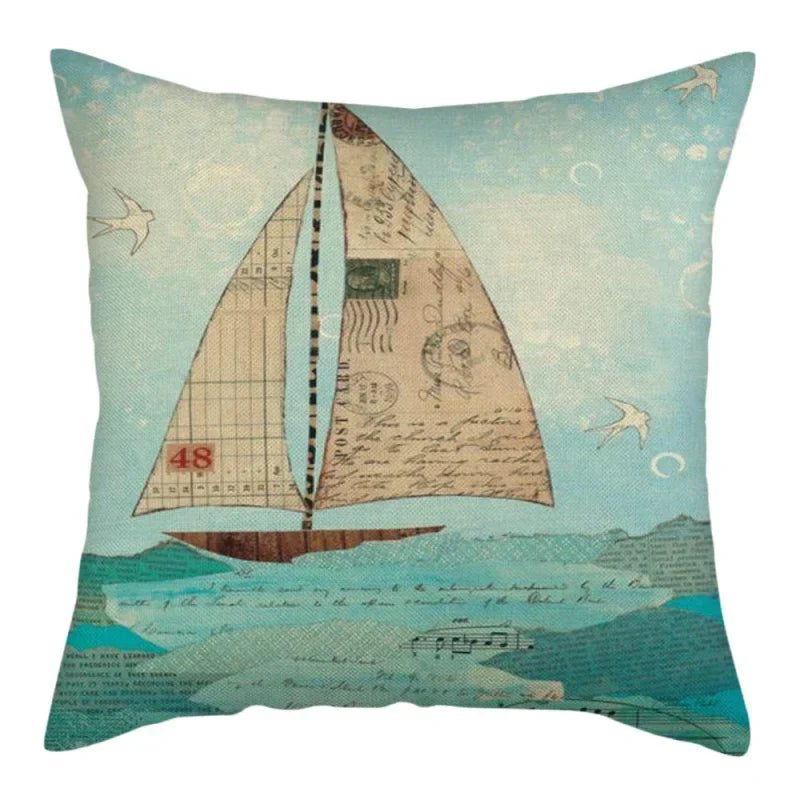 Marine Ship Print Linen Pillow Cover for Home Sofa Decor Axyaa