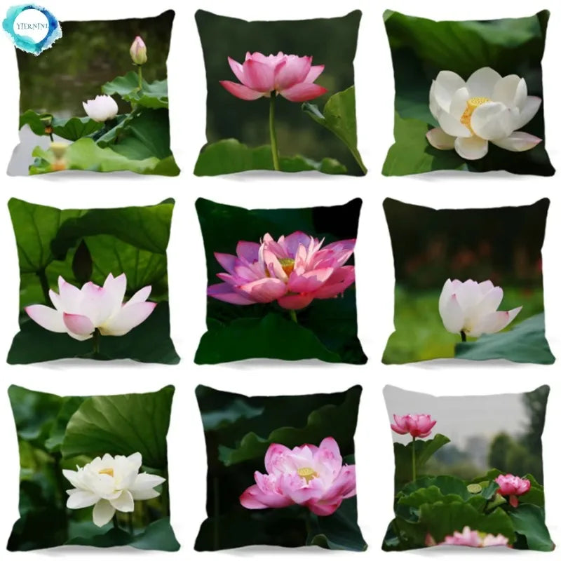 Pink White Lotus Pattern Square Cushion Cover 45X45CM by Axyaa