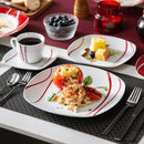 Axyaa Felisa 30-Piece Porcelain Dinner Set in Red Stripes and Ivory White