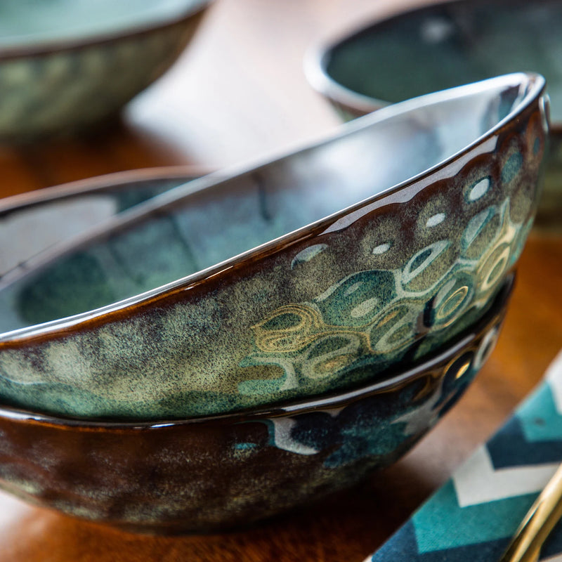 Axya Vintage Ceramic Starry Green Cereal Bowl Set - 12-Piece 550ML Large Bowls